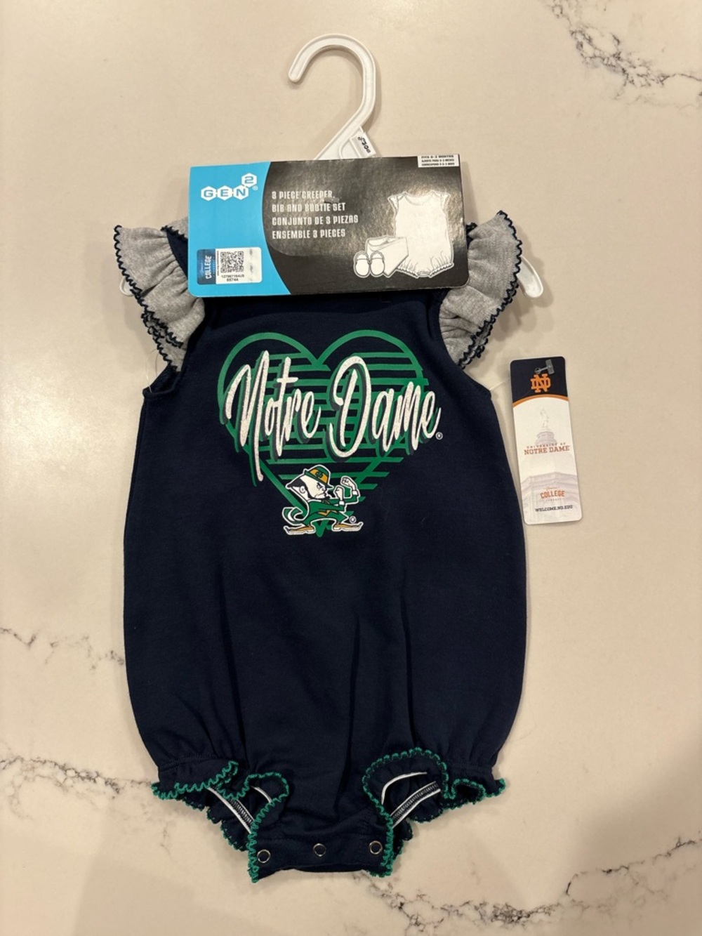 Baby Girl 0-3 Month Notre Dame 3 Piece Set Outfit Bib Booties And One Piece NWT